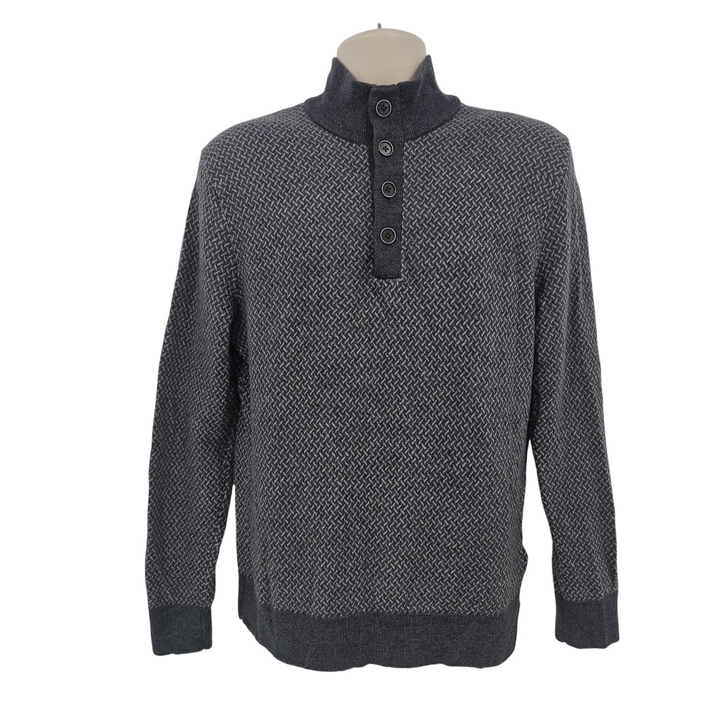 UNTUCKit Sweater Mens M Gray Merino‎ Wool Henley Mock Neck Grandpa Dad Cozycore